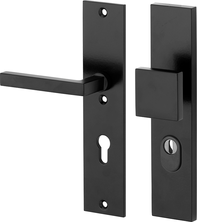 312.0080.07 Front door long plate set in 20s style knob/handle with core pull protection brass powder coated black 72L