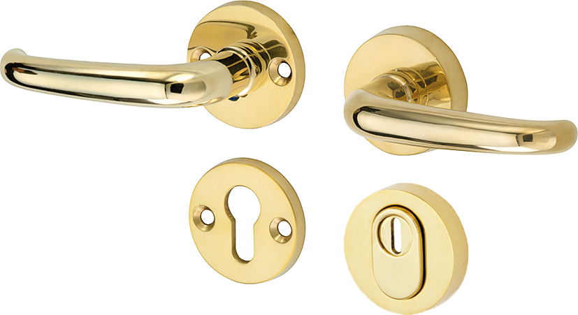 311.0020.35 Entrance door rosette set handle/handle with core pull protection polished brass, DIN left