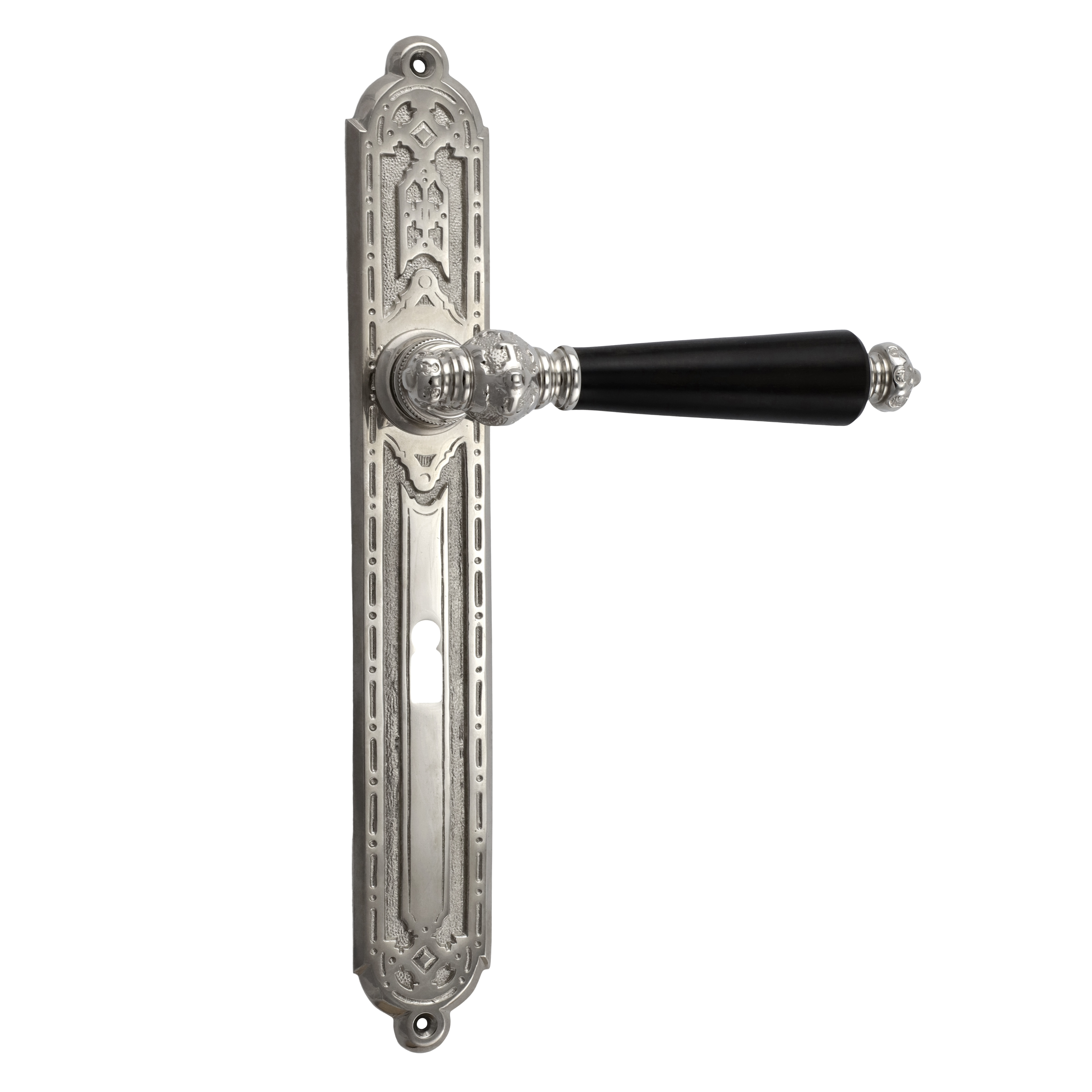 322.0079.10 Door Handles with Long Escutcheon Wilhelminian Style Nickel Polished