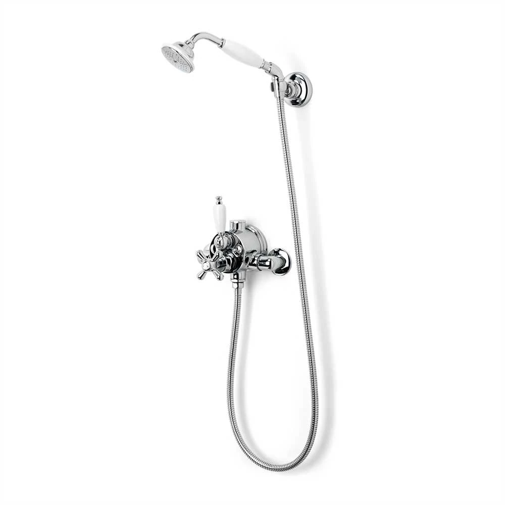 11.029.12 Thermostatarmatur mit Brauseschlauch-Anschluss Kreuzgriff THPG Messing verchromt