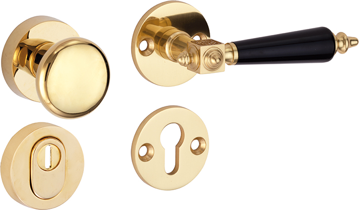 311.0033.36 Entrance door rosette set knob/handle, brass lacquered/PVD coated with bakelite DIN right