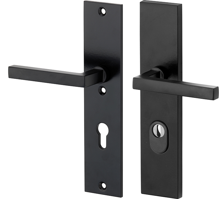 312.0079.07 Front door long plate set in 20s style handle/handle with core pull protection brass powder coated black 92L