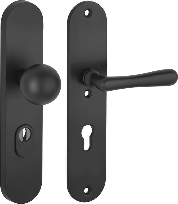 312.0094.07 Front door long plate set in 20s style with core pull protection knob/handle brass powder coated black 72R