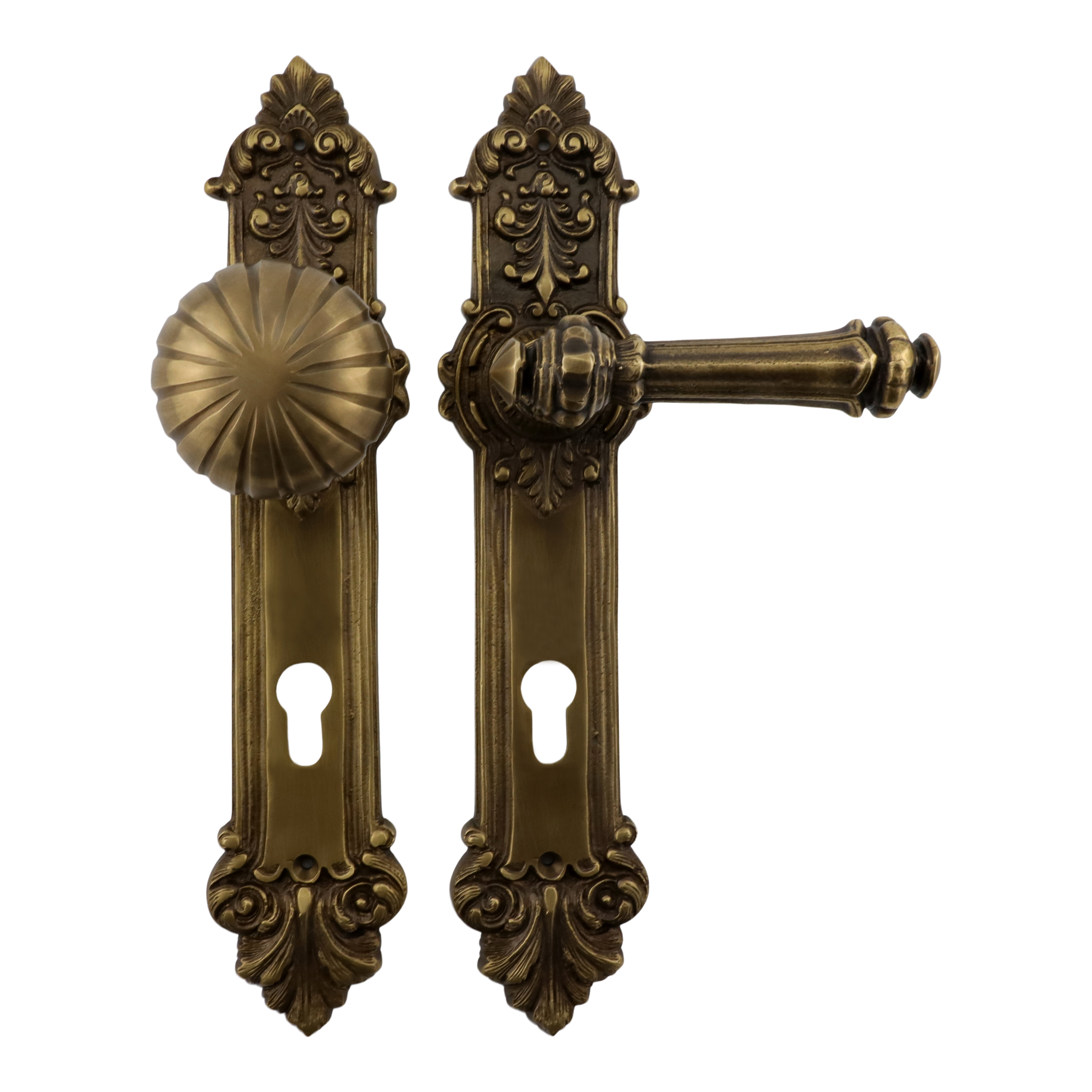 312.0002.45 Front door set door handles with knob 7 cm brass patinated Wilhelminian style DIN left