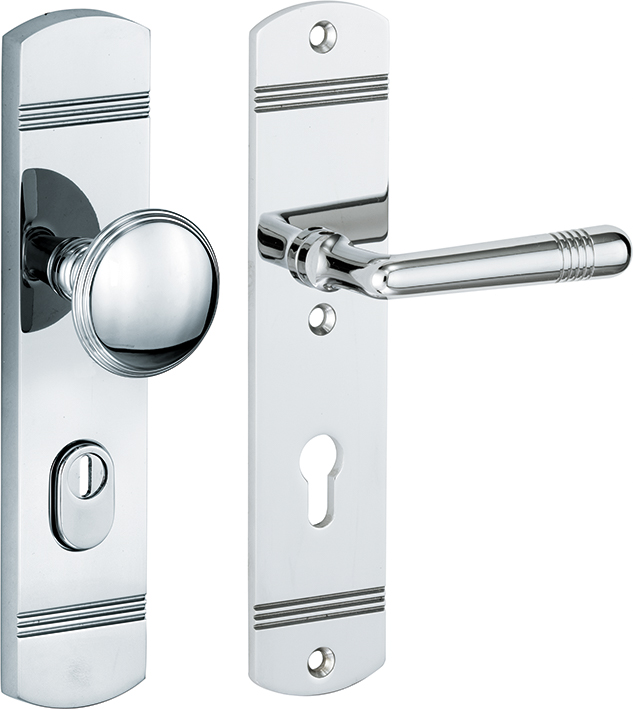 312.0100.12 Entrance door long plate set in art nouveau style knob/handle with core pull protection brass polished, DIN right PZ 72 mm 312.0100.12 Entrance door long plate set in art nouveau style knob/handle with core pull protection brass polished, DIN right PZ 72 mm