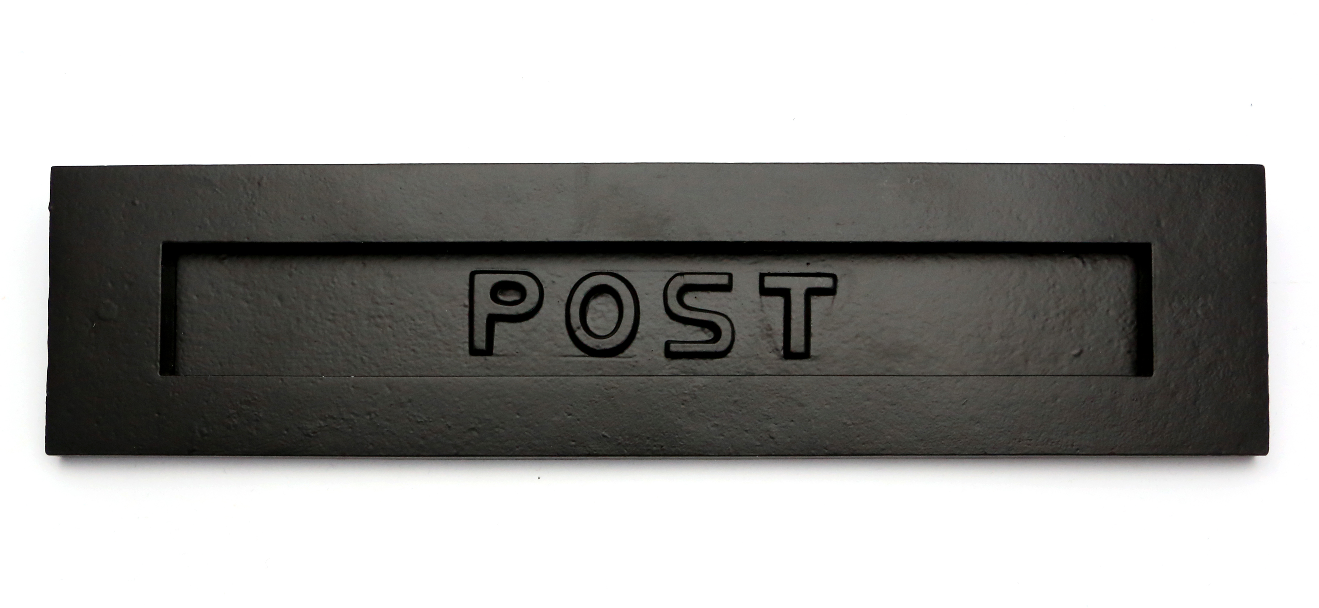 Mailbox slit black iron with "POST" letters in the style of bauhaus