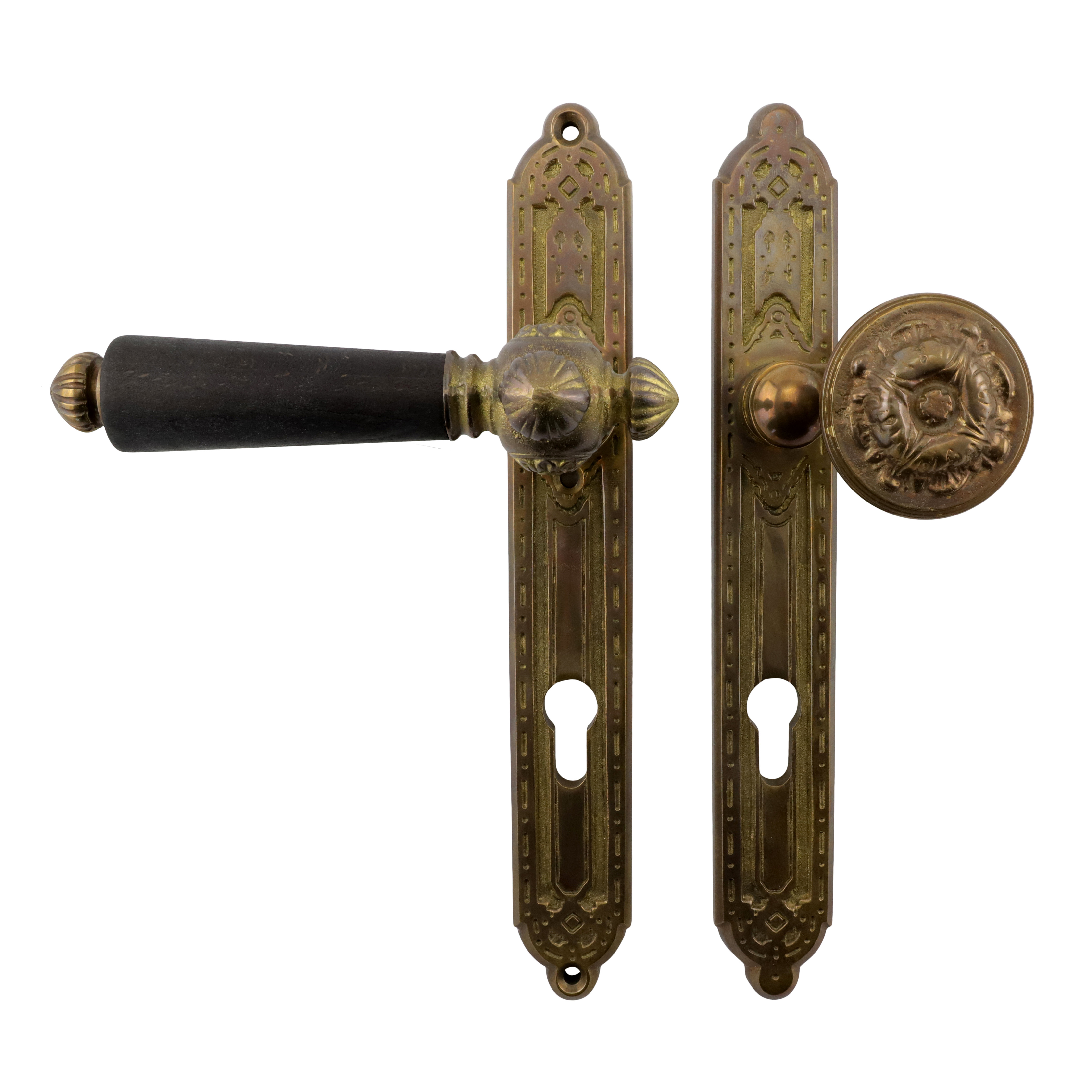 312.0020.45 Front door set with door handle and knob Wilhelminian style brass patinated DIN left