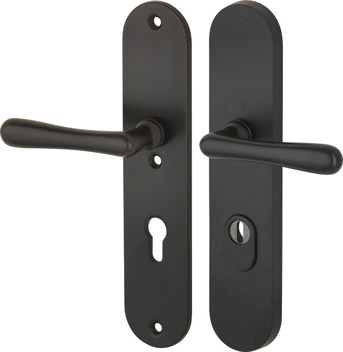 312.0093.07 Front door long plate set in 20s style with core pull protection handle/handle brass powder coated black 72L