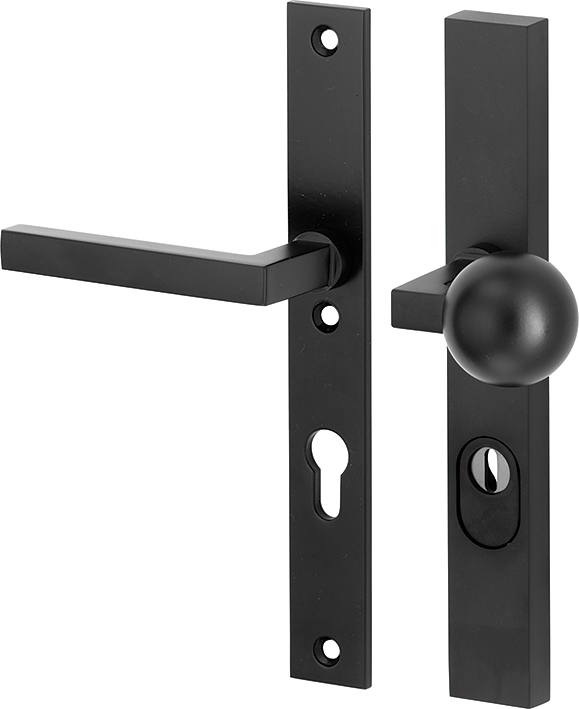 312.0078.07 Front door long plate set in 20s style knob/handle with core pull protection brass powder coated black 92L