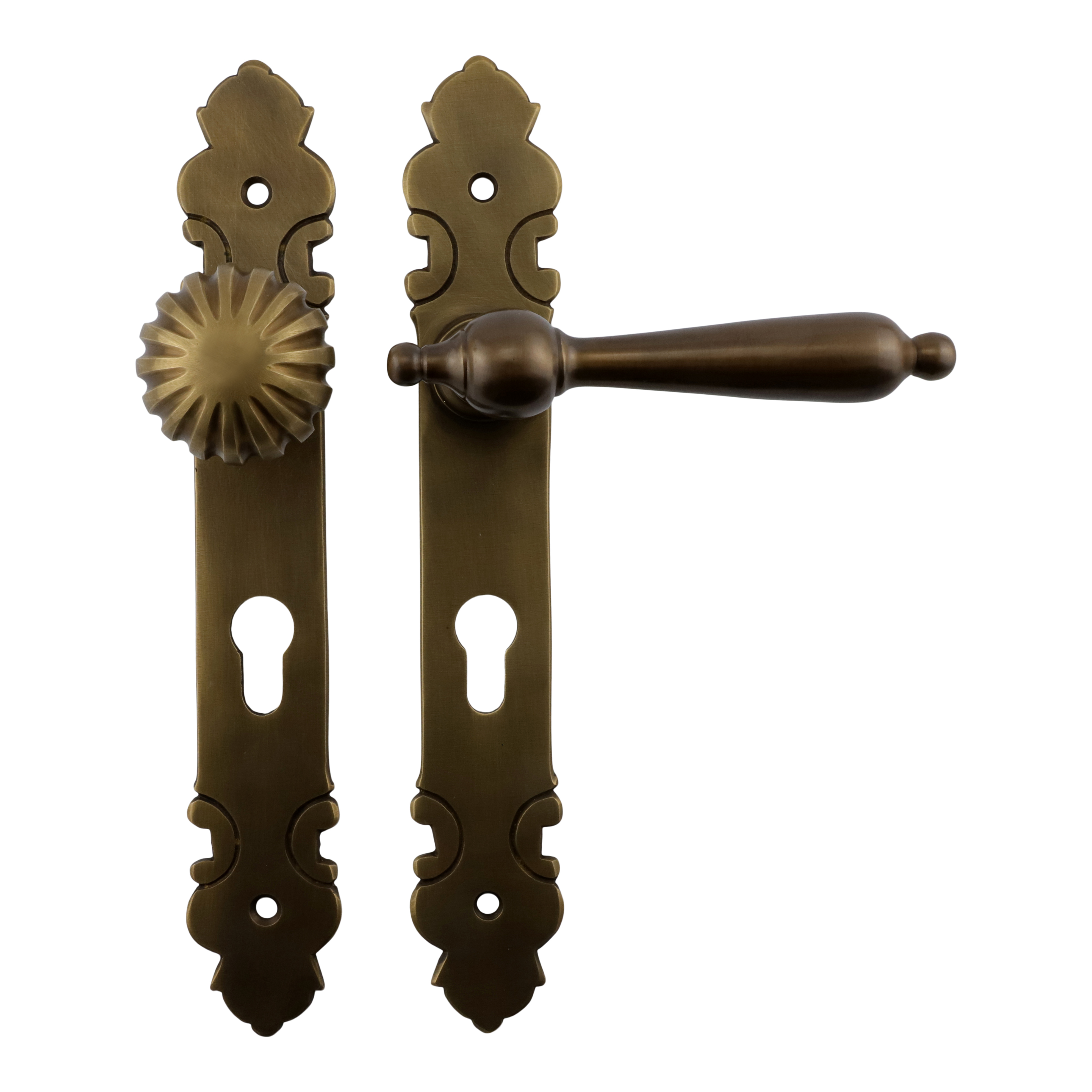 312.0005.45 Front door set door handles with knob brass patinated Biedermeier PZ 72 mm